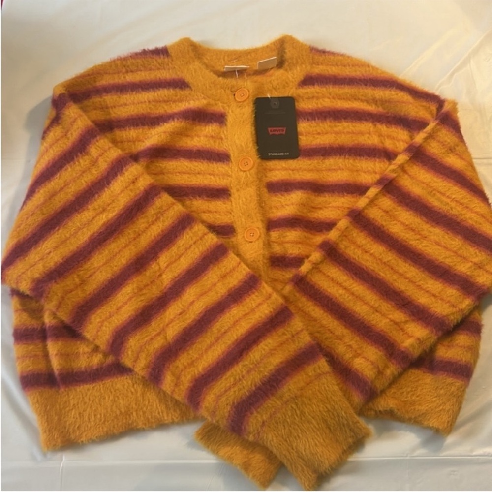 Levi’s Large Sweater Cat Cardigan Sweater Fuzzy Wuzzy - Multi-Color Orange NWT - Picture 2 of 7